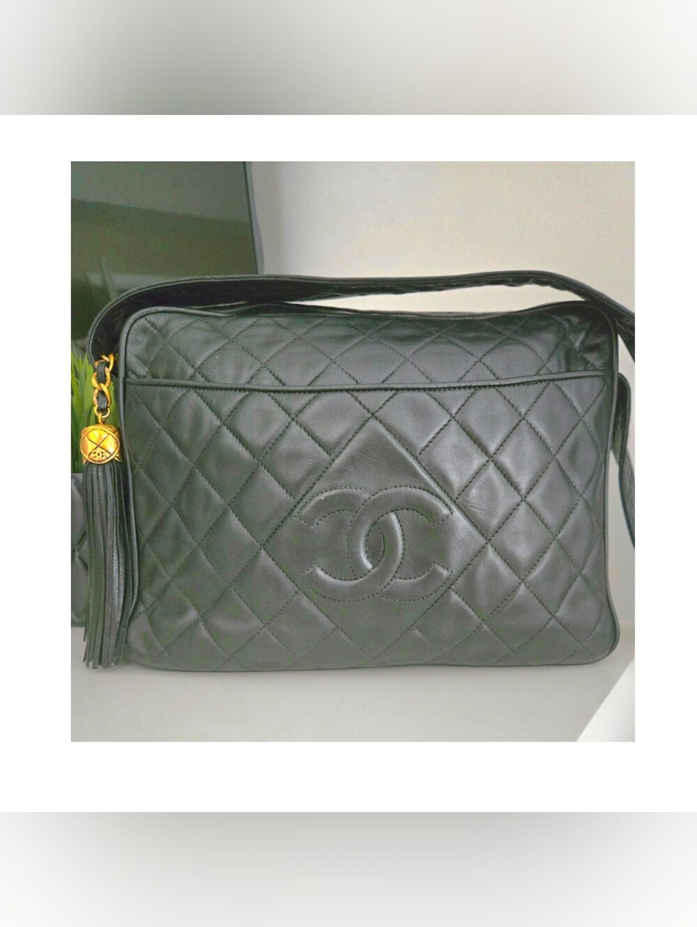 Authentic CHANEL CC Logo Quilted Camera Tassel Lambskin Vintage Bag Dustbag Set